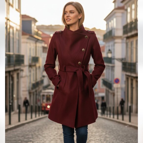 NWT GUESS Asymmetrical Belted Wrap Coat Maroon / Wine Wool Blend - Picture 2 of 14
